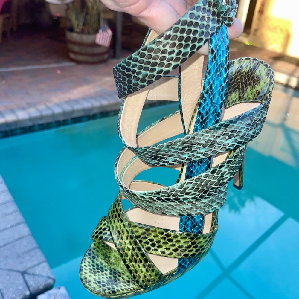 Jimmy Choo Dido snakeskin python print strappy heels